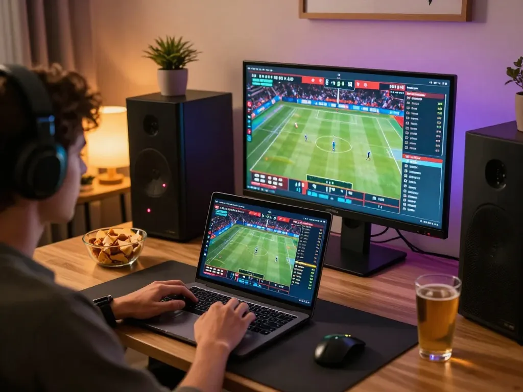 sc88 player placing bets on a laptop, showcasing engaging live sports betting action in a cozy home office.