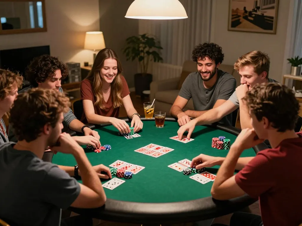 The friends analyze tỷ lệ nhà cái while enjoying a competitive poker game at home, chips and cards in play.