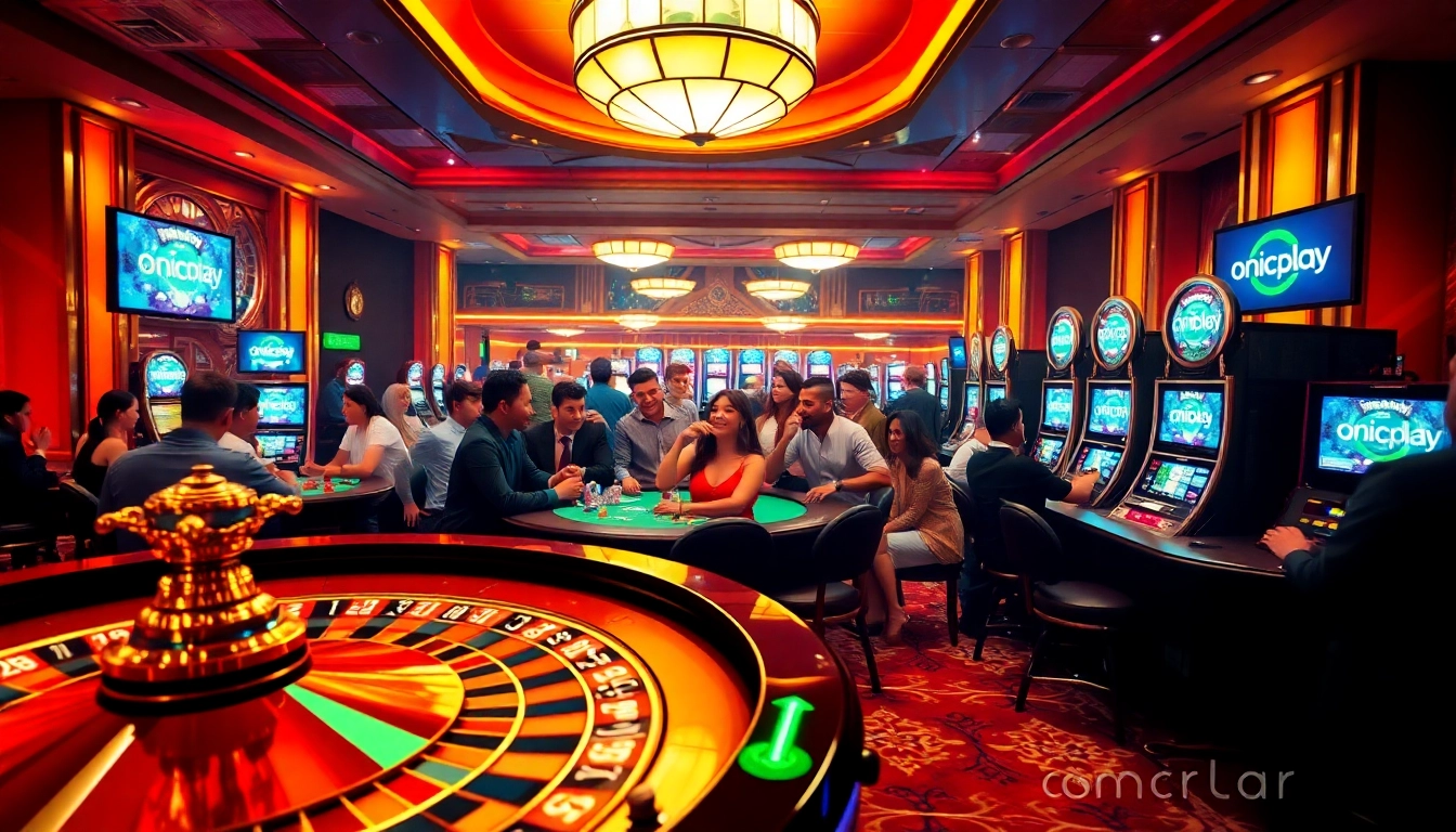 Players enjoying a dynamic gaming experience with onicplay-themed gambling elements in a luxurious casino environment.