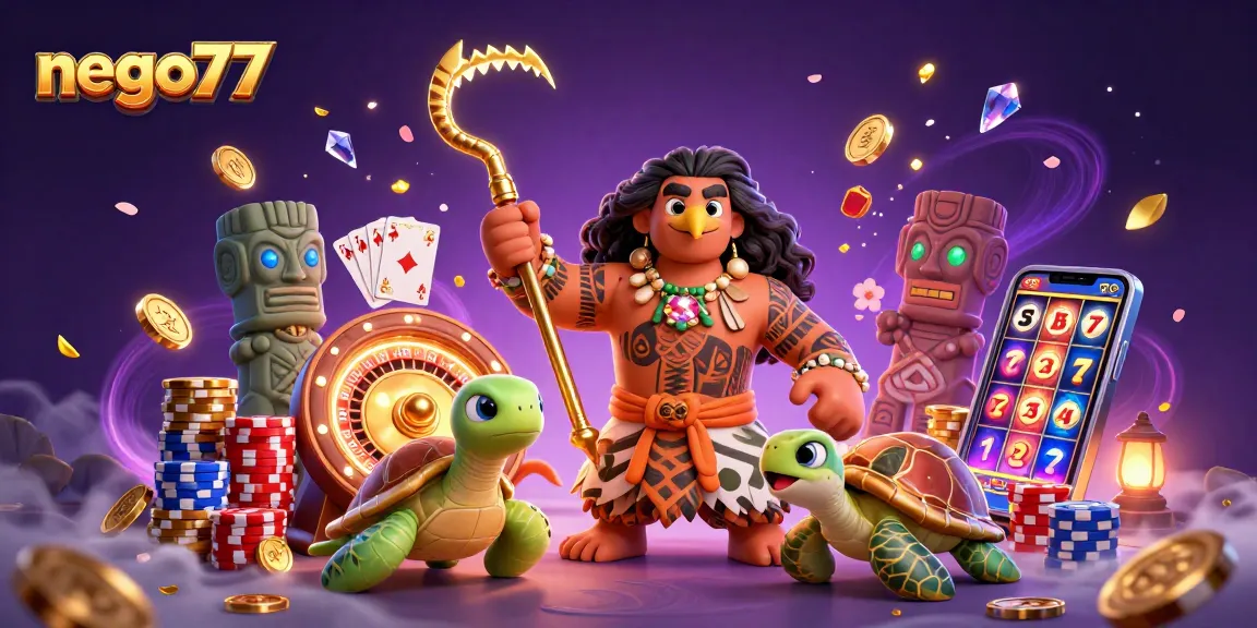 Join the action at nego77 with a dynamic scene of a hawk, turtle, and casino elements.