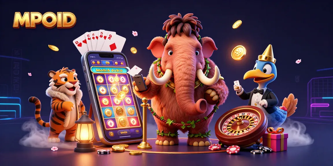 MPOID casino scene with a mammoth bouncer, a saber-tooth VIP, and a dodo doorman, lively gambling elements.