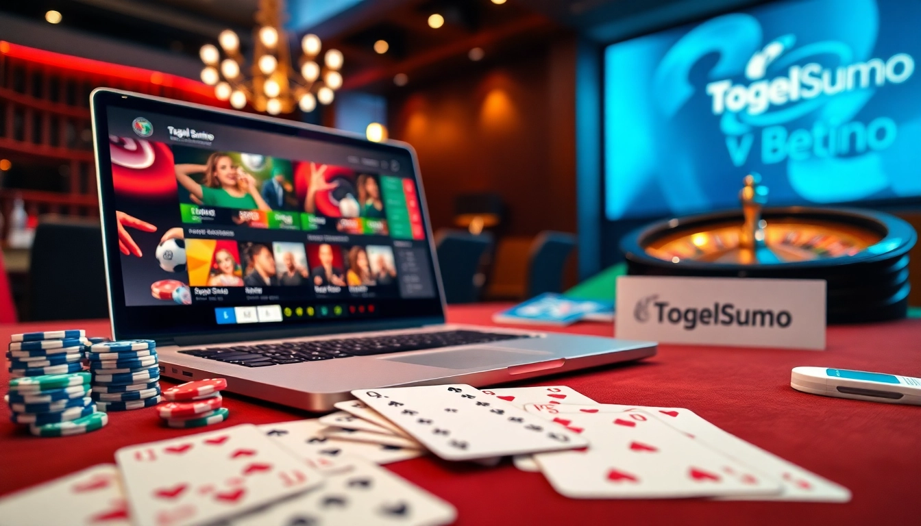 Pengalaman taruhan Togelsumo dengan elemen kasino yang berwarna-warni, chip poker, dan roda roulette.