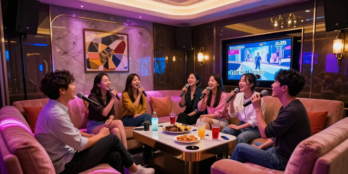 Incheon nightlife at 인천쓰리노 private karaoke room, friends enjoying vibrant atmosphere with drinks and colorful lights.