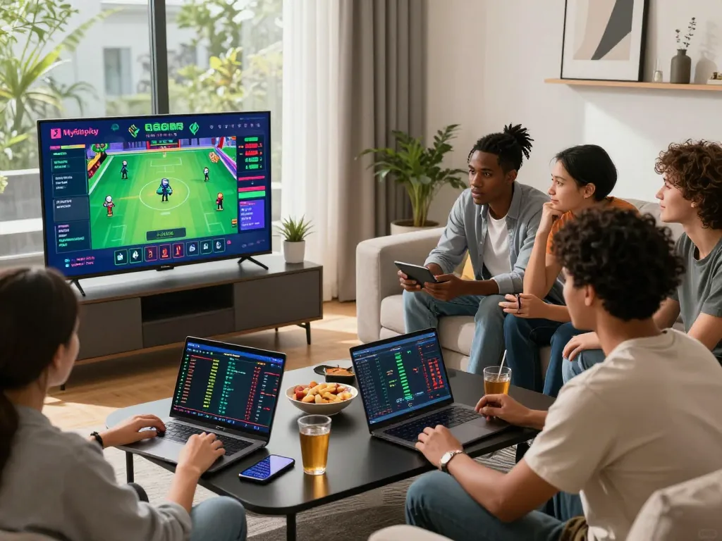 Friends enjoying online gaming on Myfairplay platform in a modern living room setting