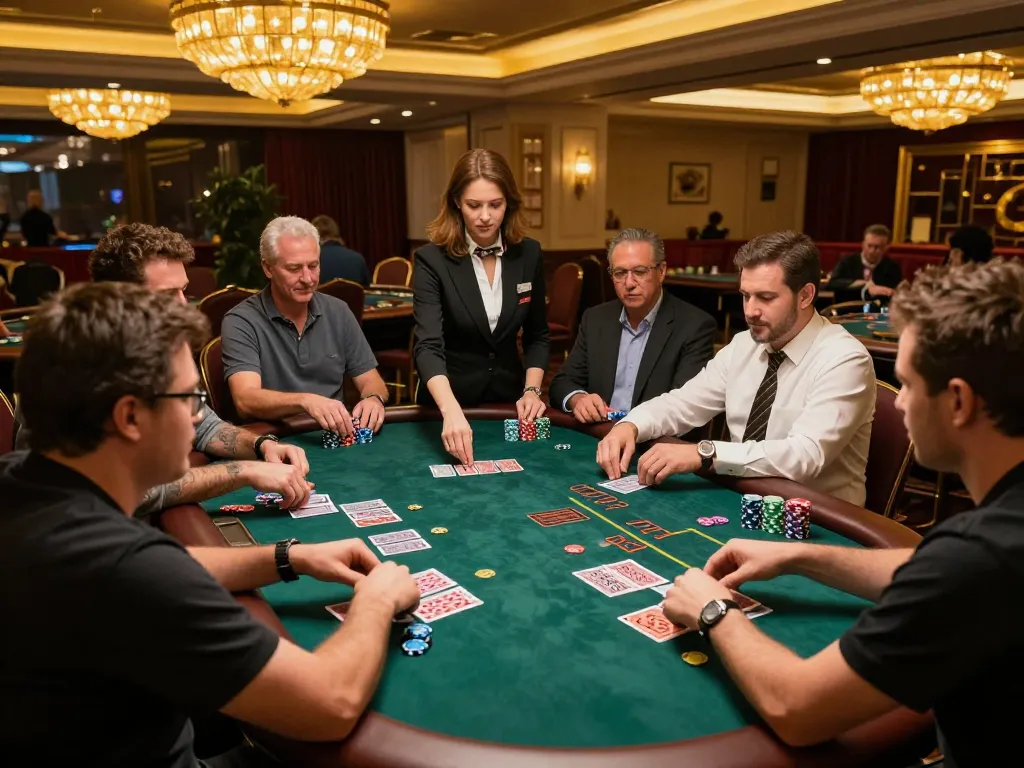 Players enjoying a thrilling blackjack game at cm88casino, with a professional dealer in an upscale casino setting.