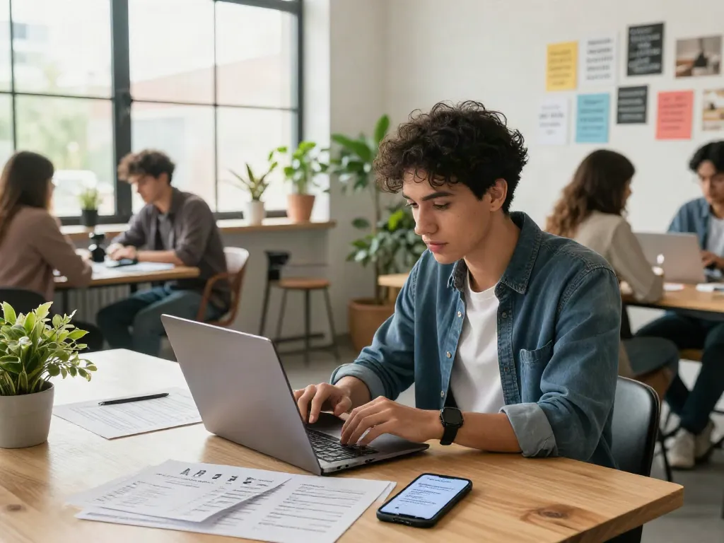 Job seekers exploring หางาน listings at a modern co-working space with natural light.