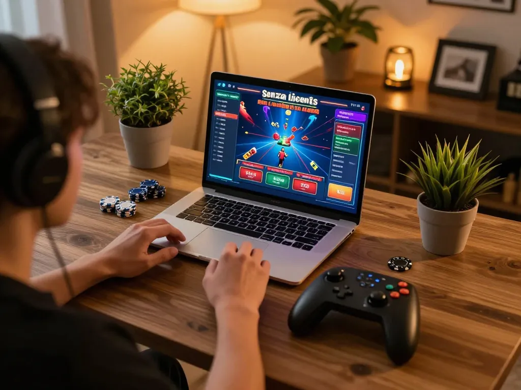 Engaged player enjoying casino senza licenza adm games on a laptop in a cozy home setting