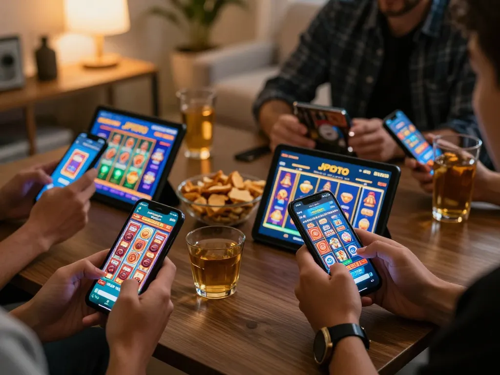 Players engaging with JPTOTO app on mobile devices during a fun online gaming night at home