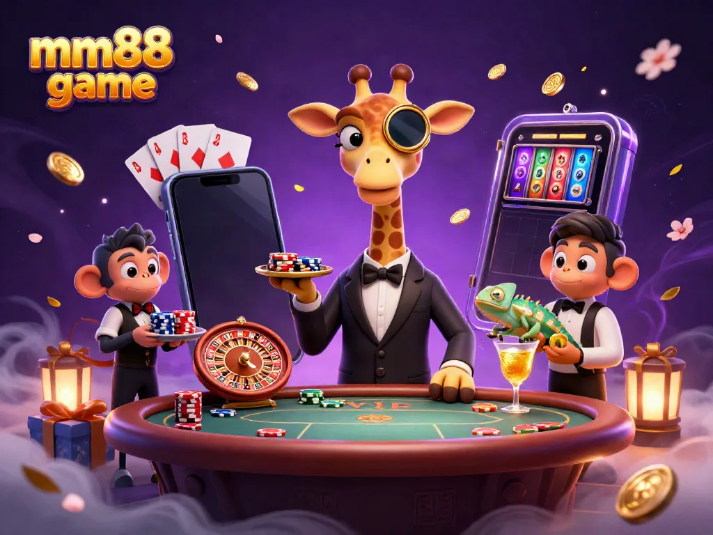Experience mm88 game as a giraffe high-roller and valet monkey create a vibrant casino scene.
