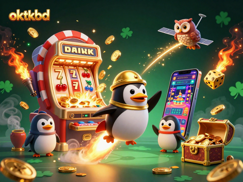 Experience the excitement of oktkbd with a golden penguin soaring past a casino spaceship, slot machine, and treasures