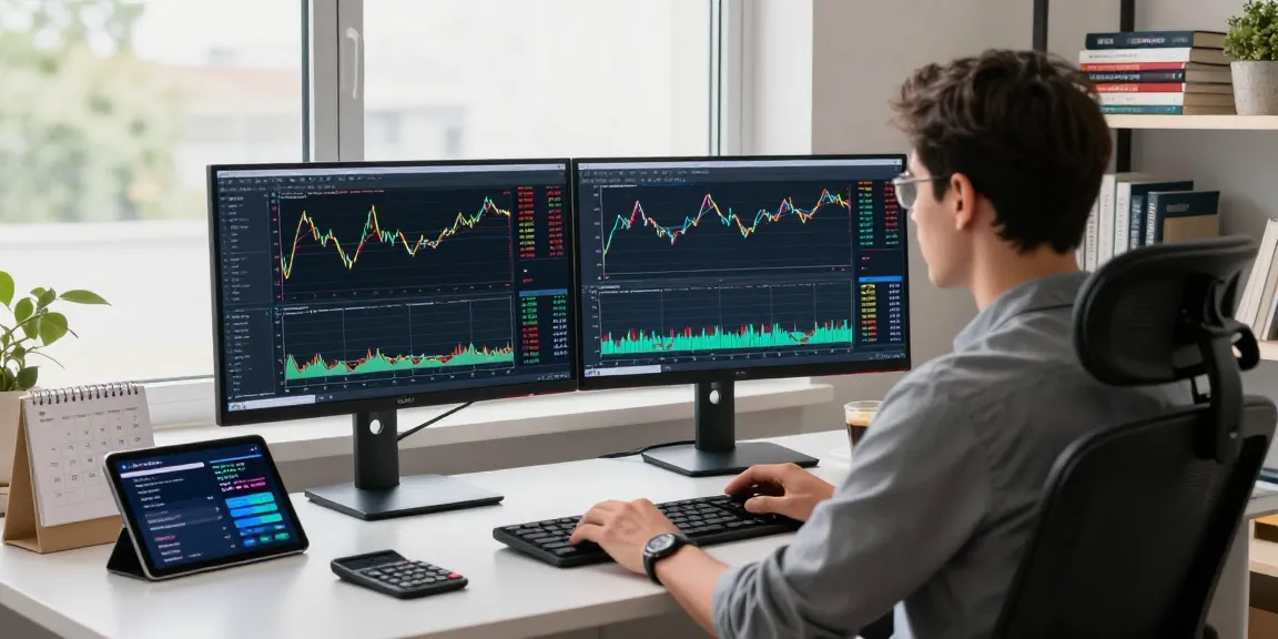 Traders working with MetaTrader 4 on dual monitors showcasing forex charts and analytics in a modern office.