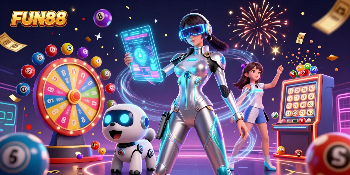 Engaging FUN88 illustration showcasing vibrant casino elements like lottery balls and confetti.