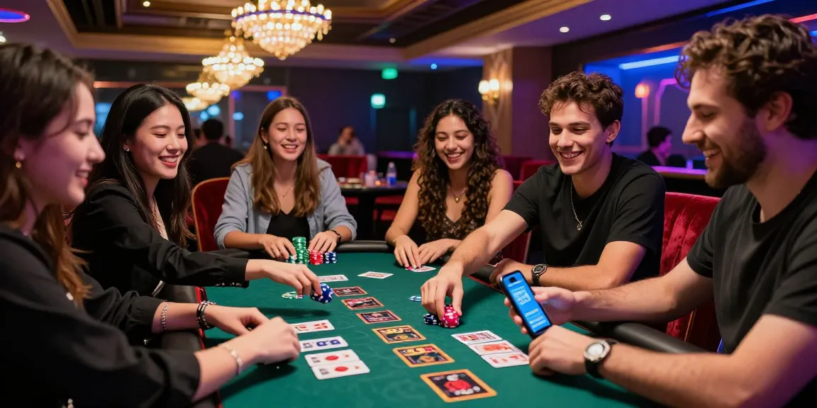 Group enjoying an exciting night at credit card casinos, with vibrant ambiance and lively interaction.