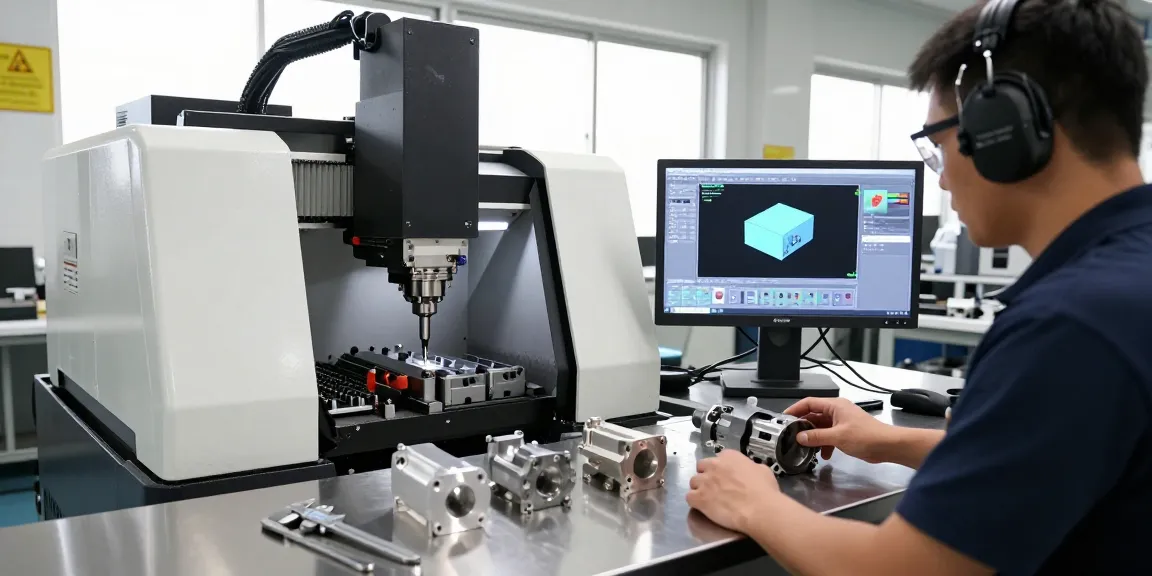 CNC machining parts manufacturer technician operating precision milling machine in a well-lit workshop