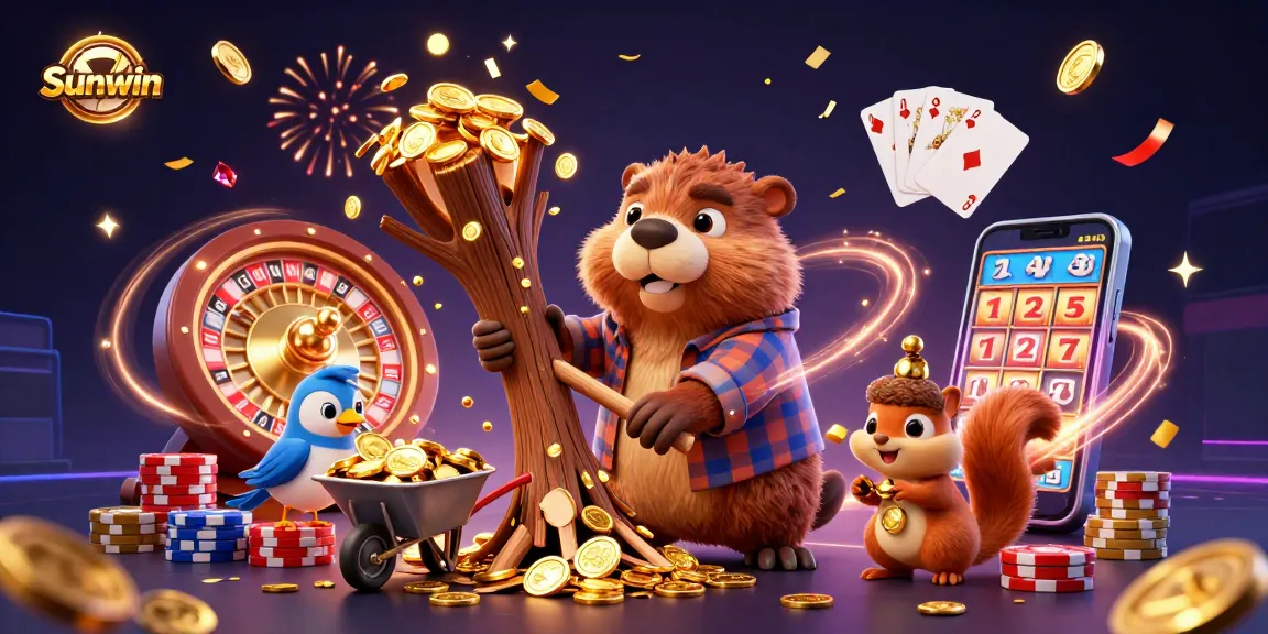 Sunwin brings excitement to players with vibrant coins raining and festive game elements in a dynamic 3D illustration.