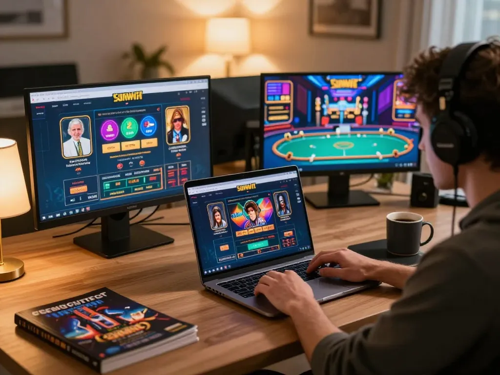 Sunwin user analyzing online casino gameplay on a laptop, showcasing strategy and immersive engagement.