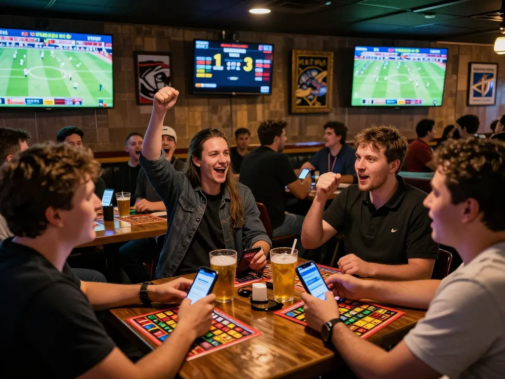 Engaging in sports betting with gk88 app on mobile while enjoying a lively bar atmosphere