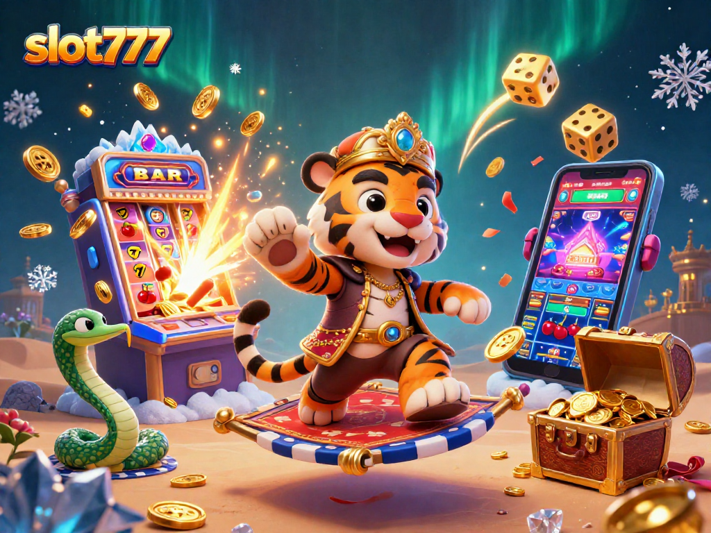 Join the excitement of slot777 with our vibrant slot machine and jackpot explosion scene in a magical setting.