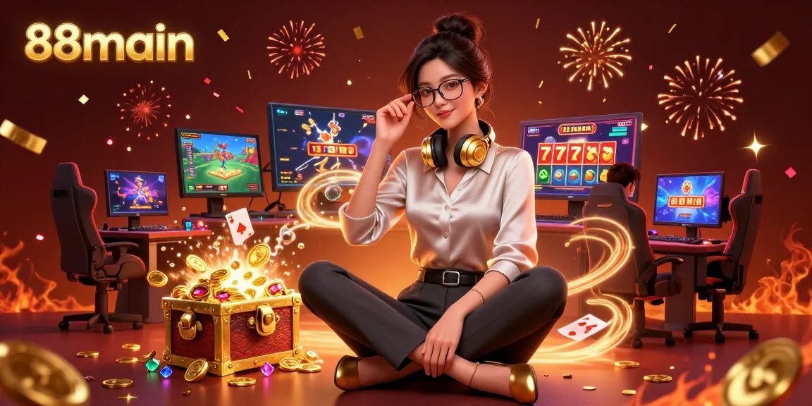 Berinteraksi dengan permainan yang mendebarkan di 88main, menampilkan pemain profesional bergaya yang terlibat dalam lingkungan permainan yang kaya.