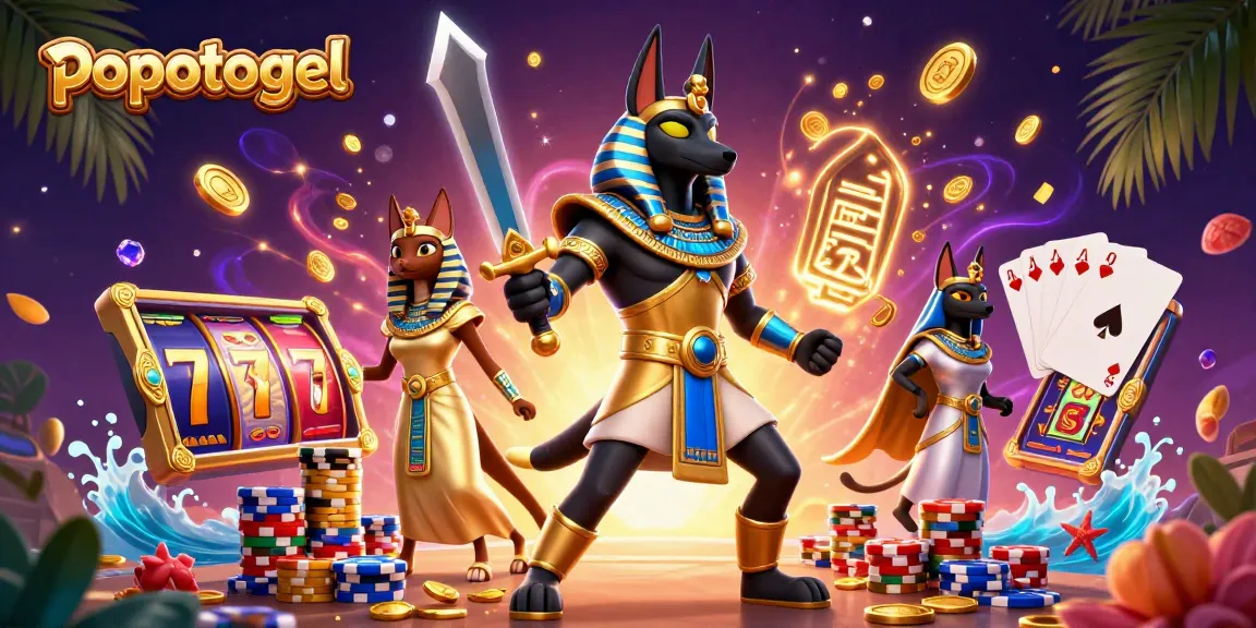 Experience big wins with popotogel in this vibrant, dynamic casino scene featuring thrilling slots and ancient Egyptian characters.