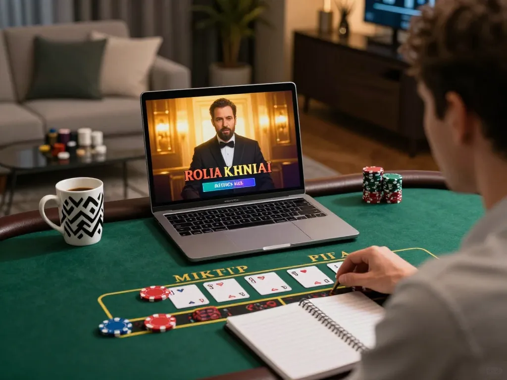 Engaging in live dealer blackjack on ku bet site with a stylish gaming setup at home.
