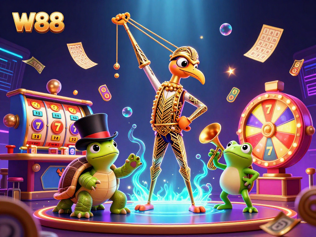 W88 casino features vibrant cartoon characters amidst colorful slot games and golden prizes.
