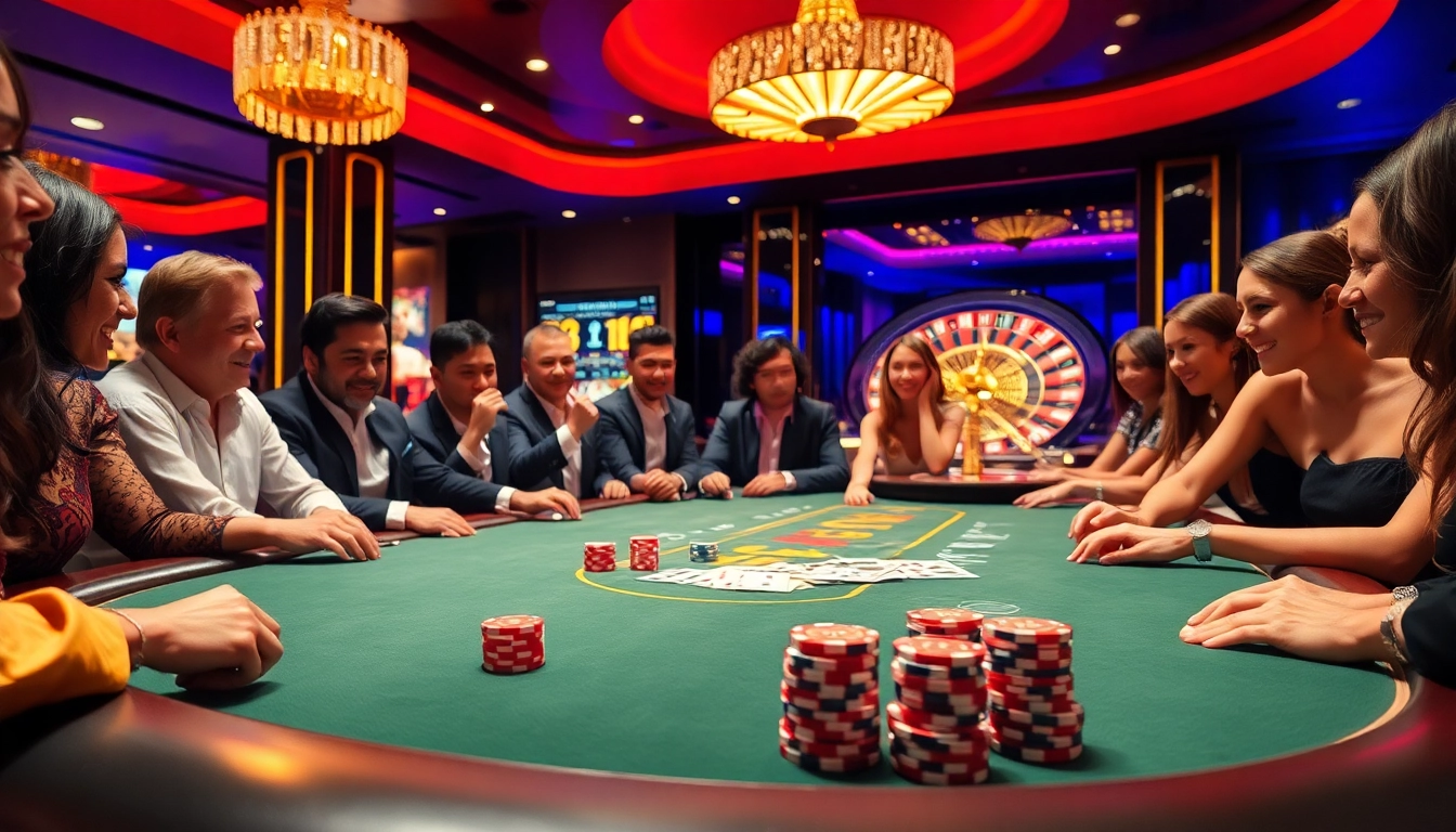Engage in a thrilling poker game experience at the VB88 poker table in a luxurious casino setting.