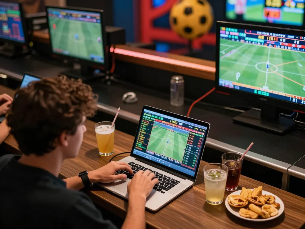 Engaged gambler analyzing odds at nhà cái QQ88's live sports betting setup with multiple screens.