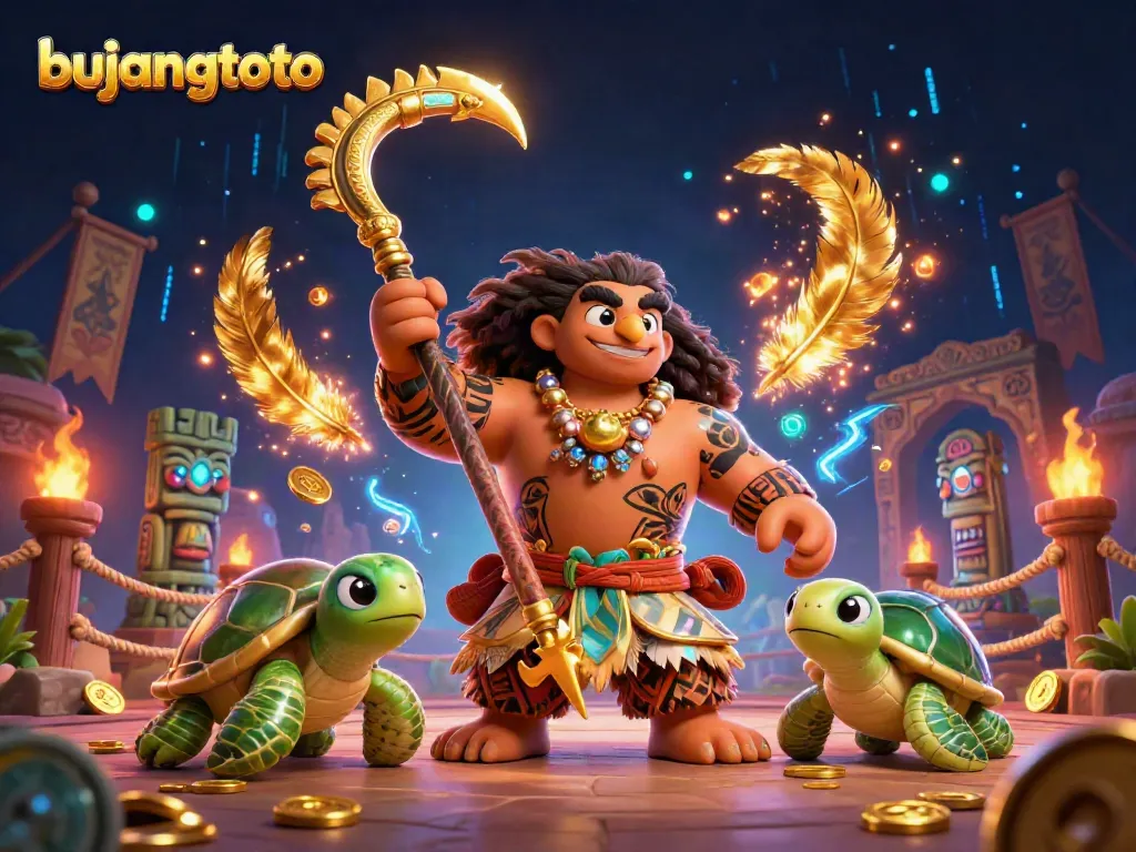 Bujangtoto showcases an engaging gaming scene with a hawk demigod, turtle sidekick, and casino elements.