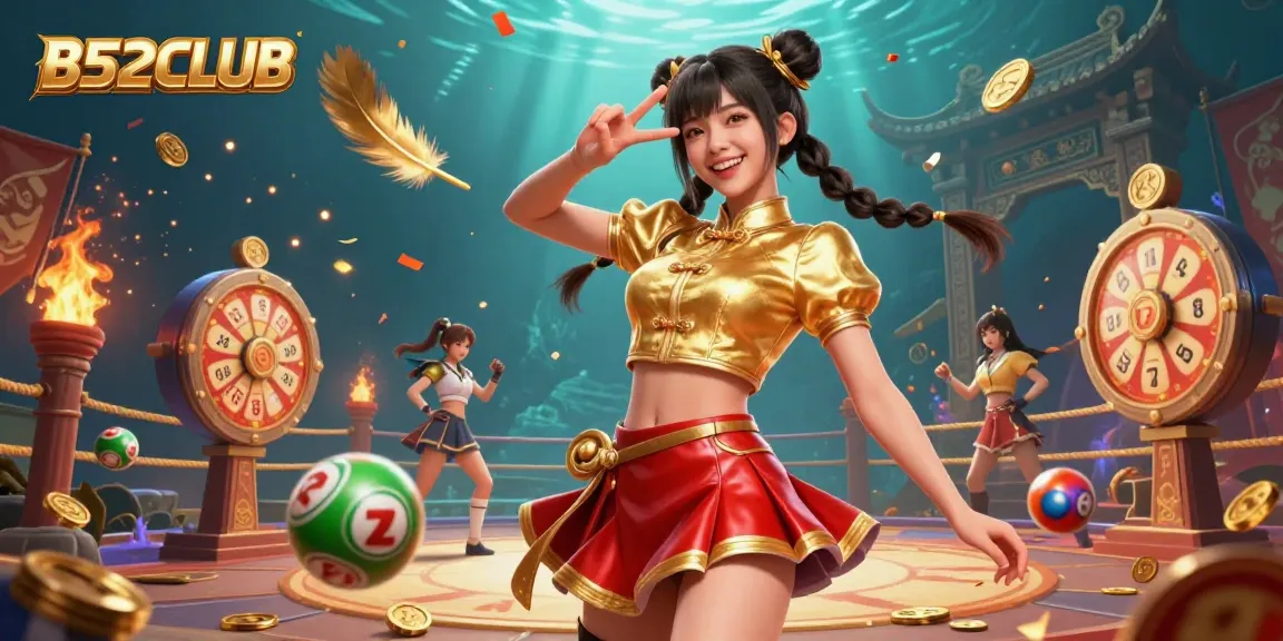B52CLUB showcases an energetic Asian woman celebrating amidst colorful lottery balls and gaming excitement.