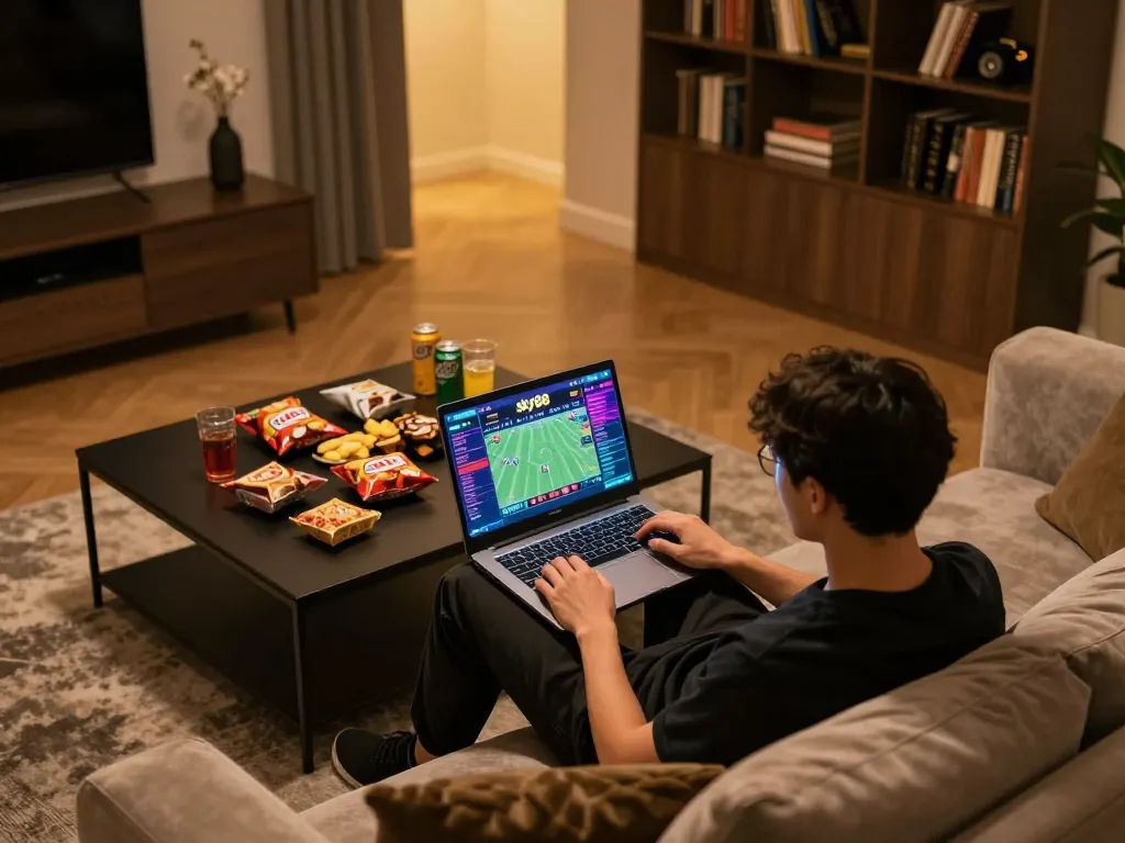 Person engaged in online betting at sky88 using a laptop in a cozy home environment
