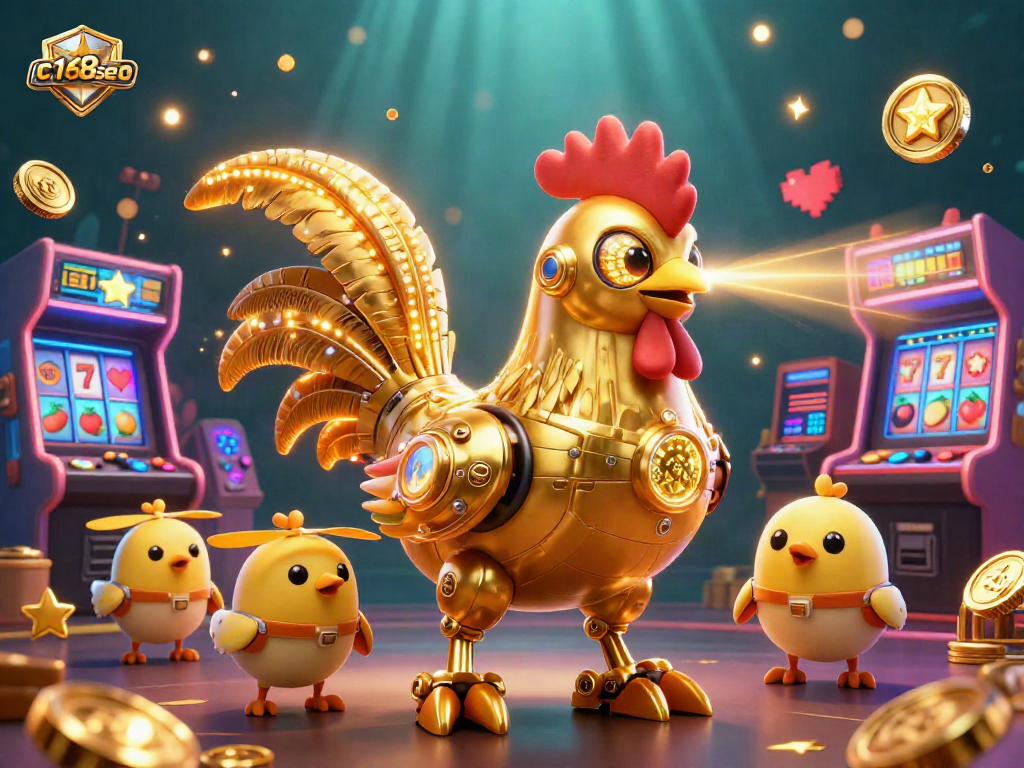 Engage with the 3D illustrated c168seo casino adventure featuring a golden rooster robot and baby chick drones.