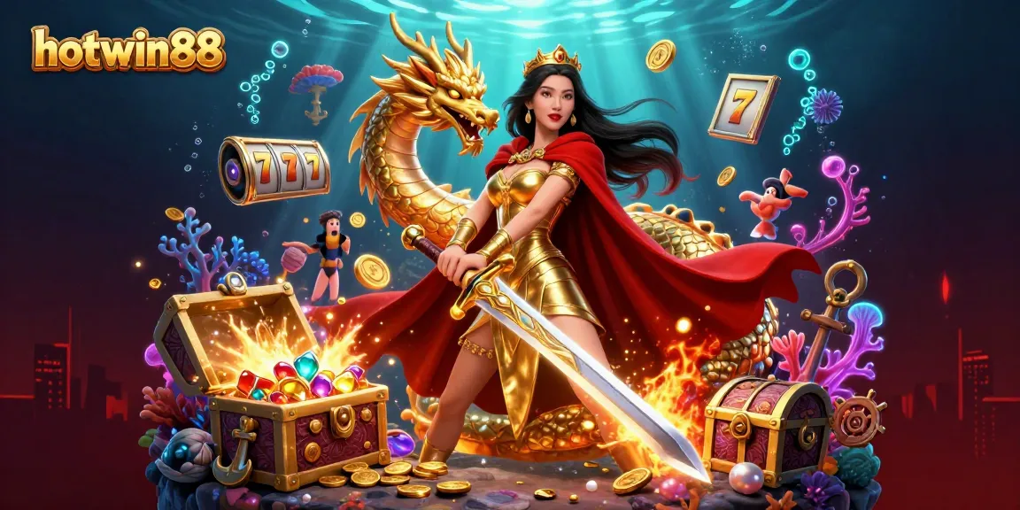 Win big with hotwin88’s exciting slot-themed illustration featuring a warrior queen, gold treasures, and vibrant casino elements.