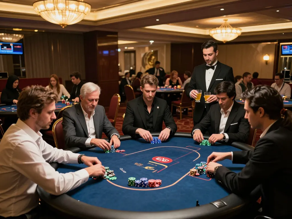 Players engaging in intense poker gameplay at the VIPWIN casino, showcasing exclusive table and elegant atmosphere.