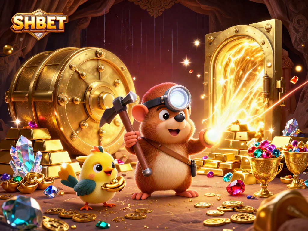 Engage in thrilling adventures with SHBET in a vibrant treasure-filled casino scene.