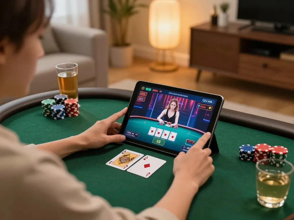 Engaged player strategizing in online casino while using tablet at home with sc88 game interface.
