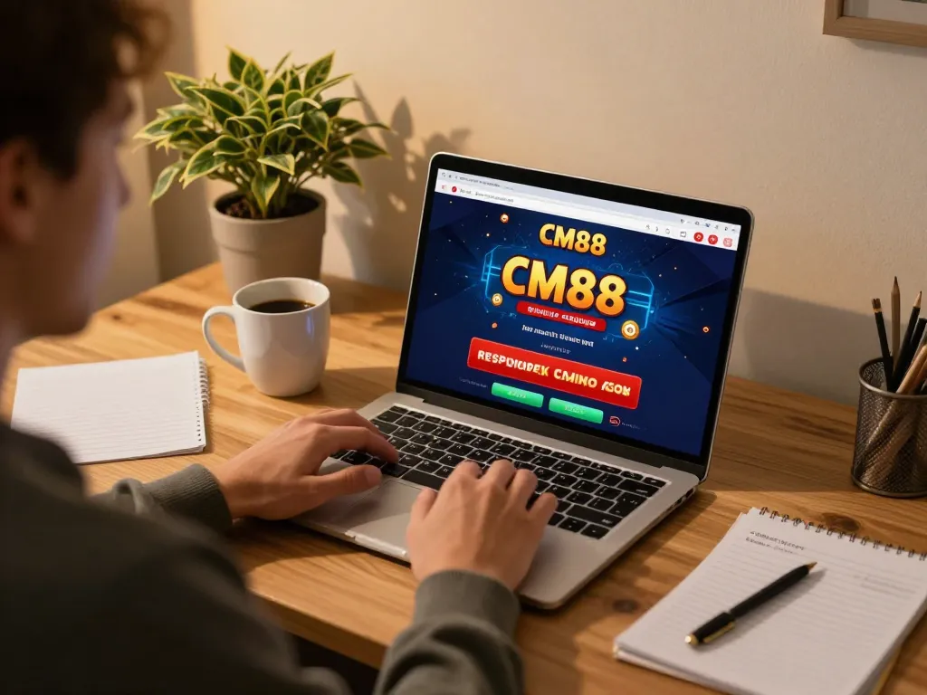 Intently playing at CM88 online casino with vibrant interface and cozy setup.