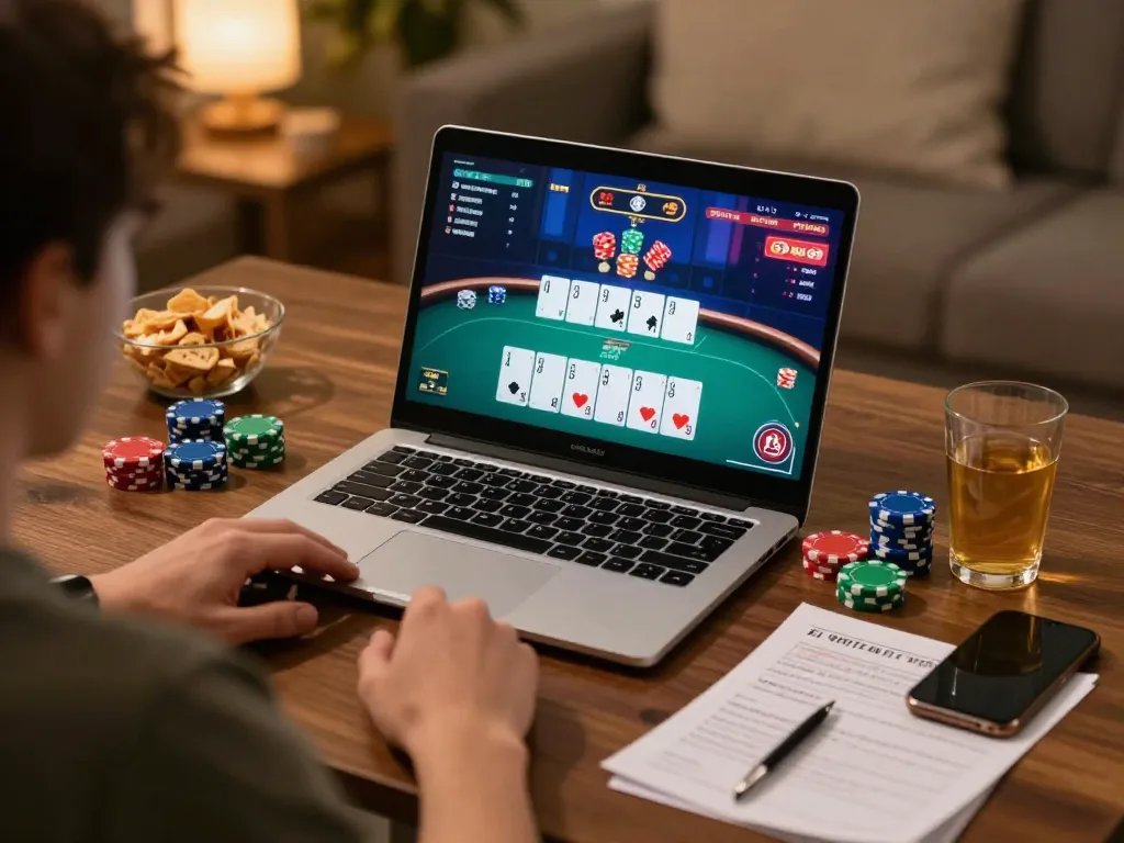 Player engaged in intense indopride88 online poker game with vibrant interface at home