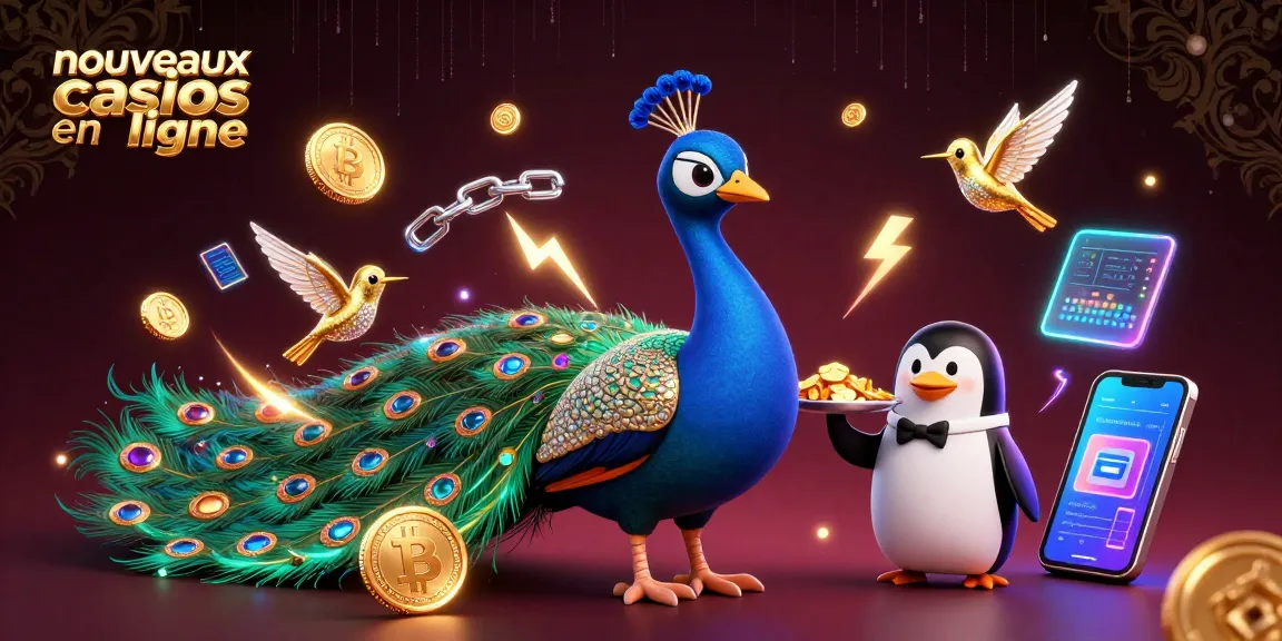 Découvrez les nouveaux casinos en ligne avec cette illustration captivante mettant en scène un paon aristocratique et un pingouin maisonnier.