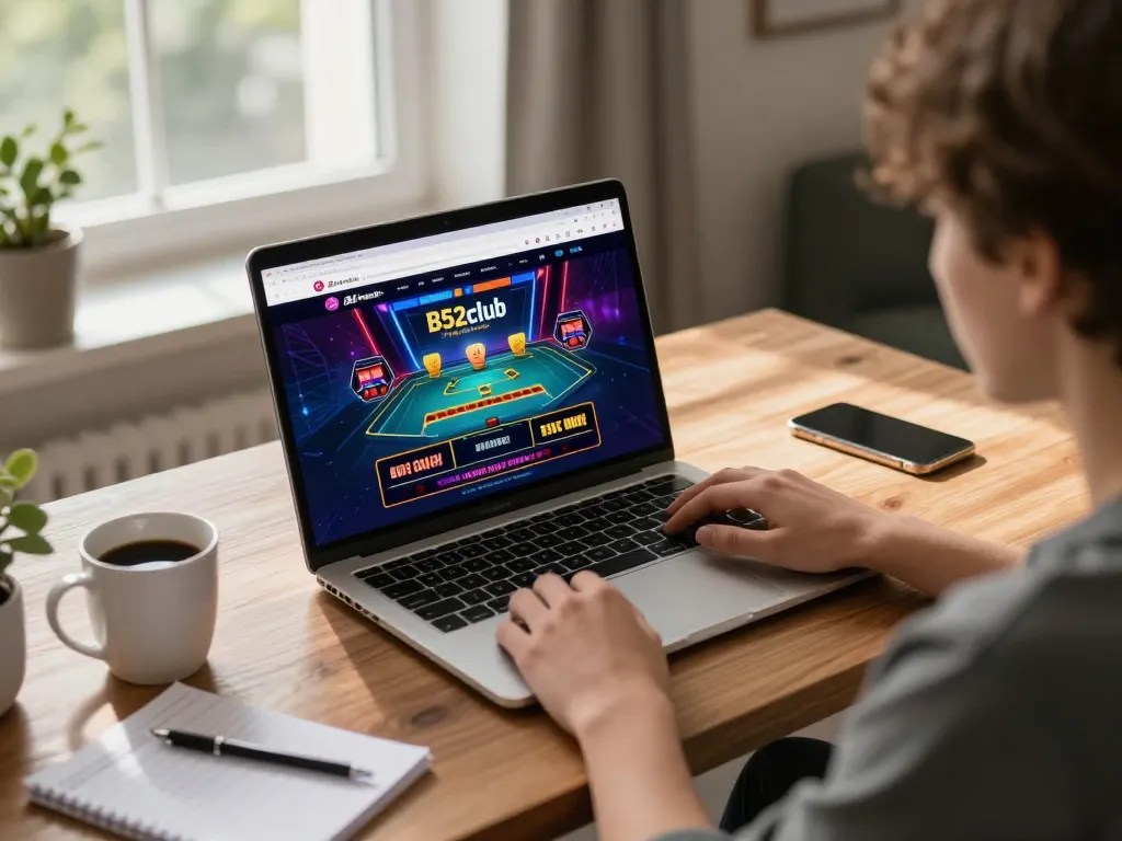 Engaged player enjoying online B52club gaming on a laptop in a cozy home office.