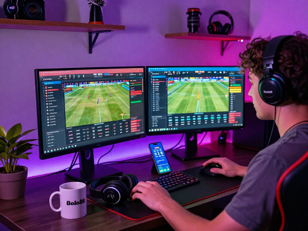 Bola88 online gaming setup with betting interfaces and vibrant LED lighting.