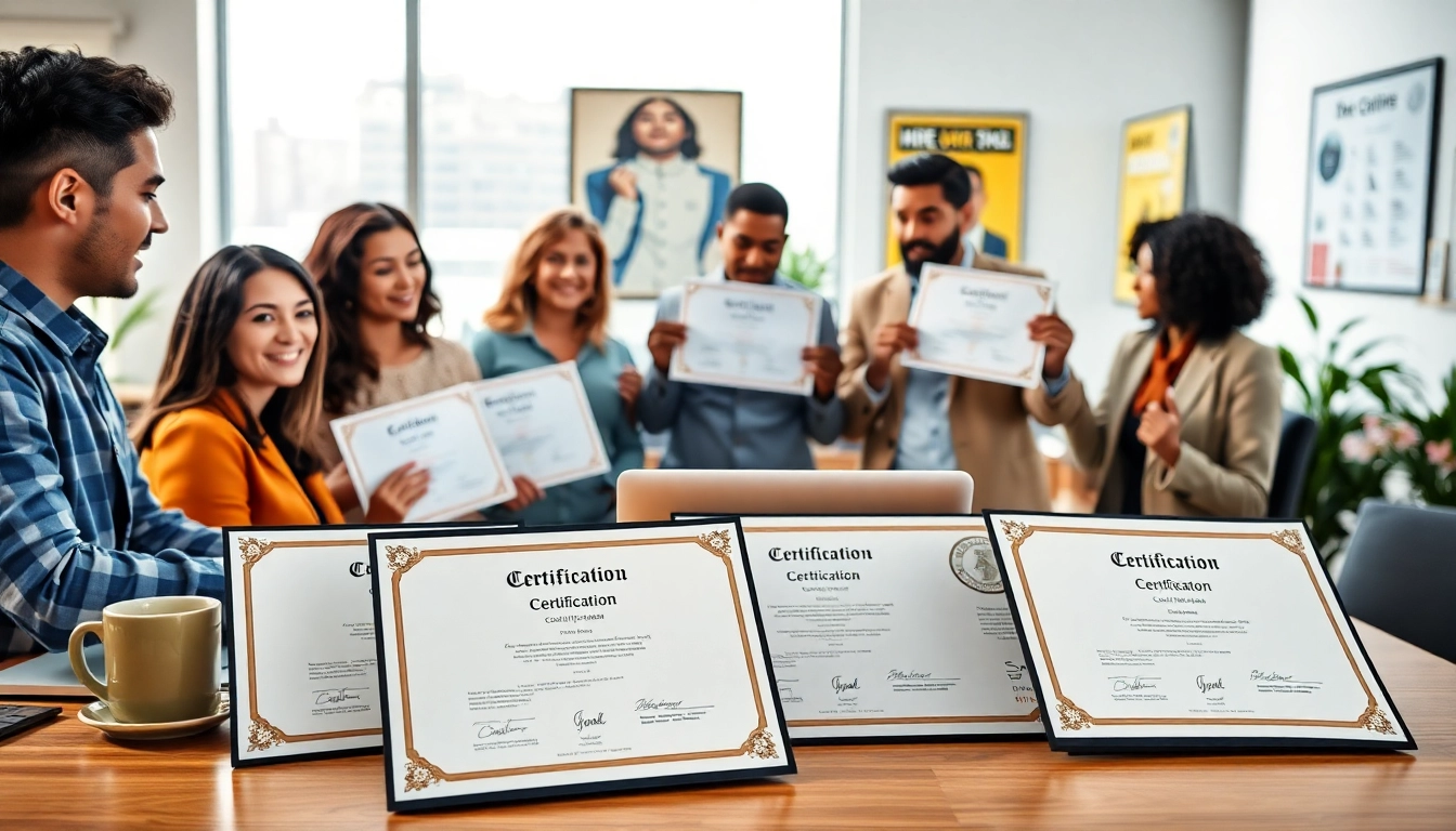Individuals showcasing options to get certified with diverse credentials in a modern workspace.