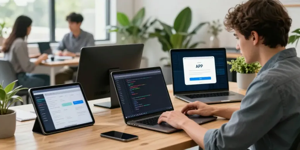Software developer coding APK installation in a vibrant office.