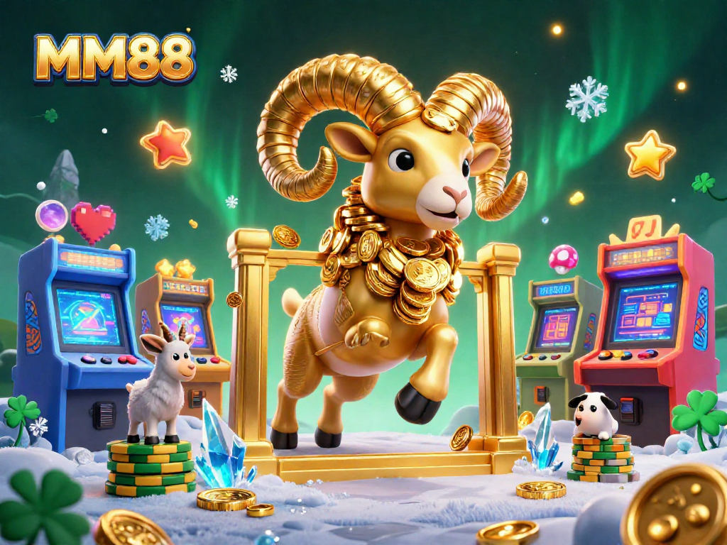 Experience big wins with MM88 at vibrant 3D arcade machines and golden ram charging past a casino gateway.