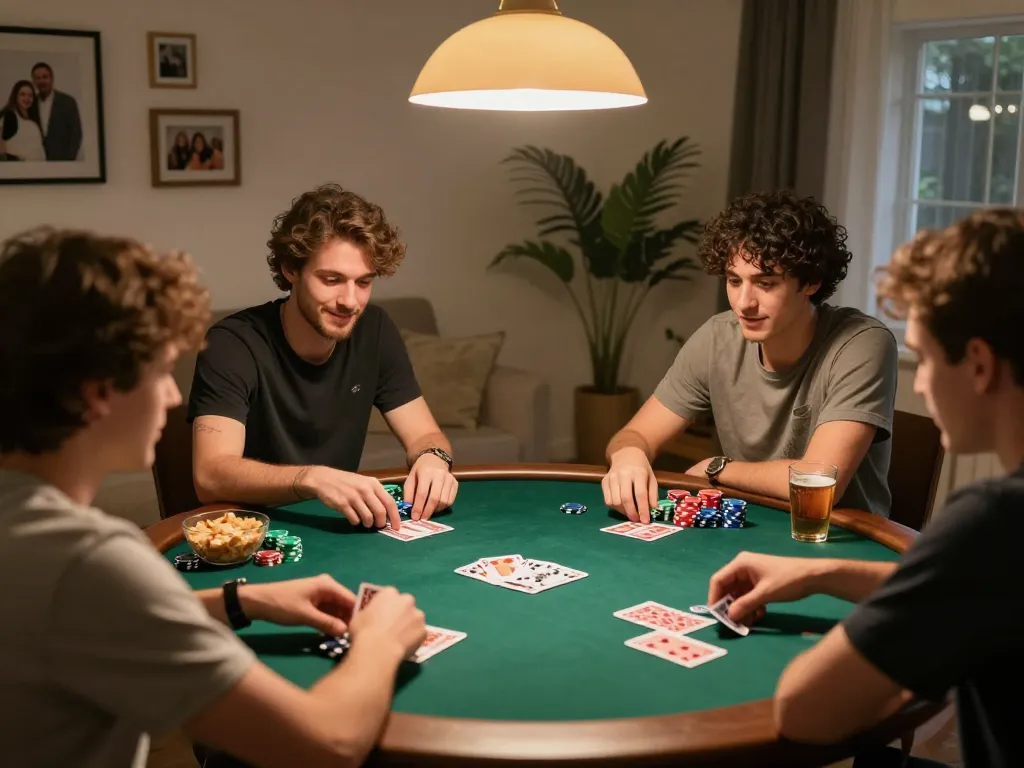 C168 players strategizing during a lively home poker night with friends.