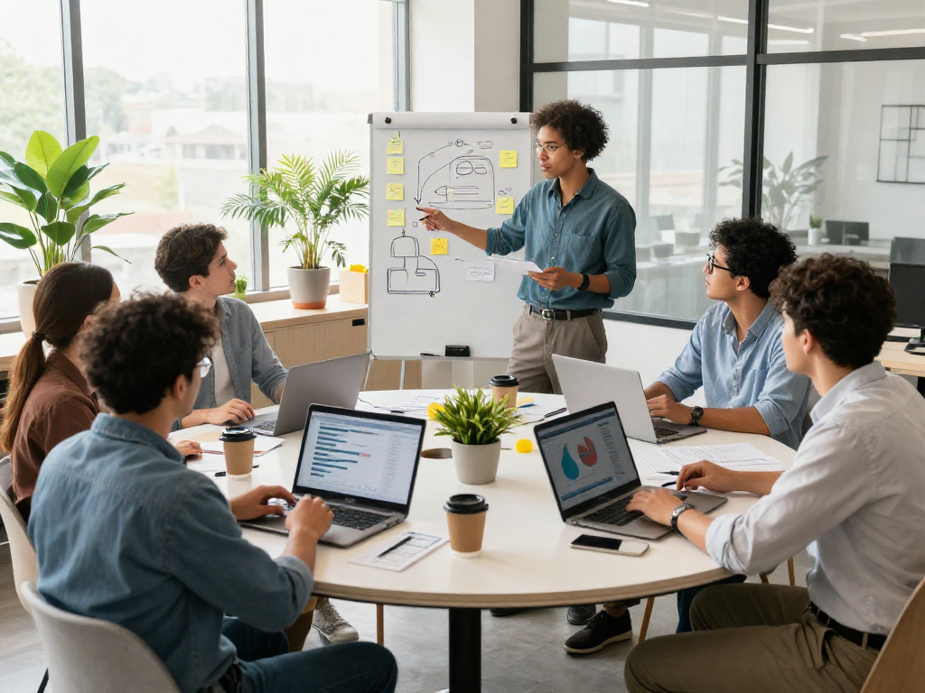 Motchill team collaborating in a modern workspace with digital marketing data on screens.