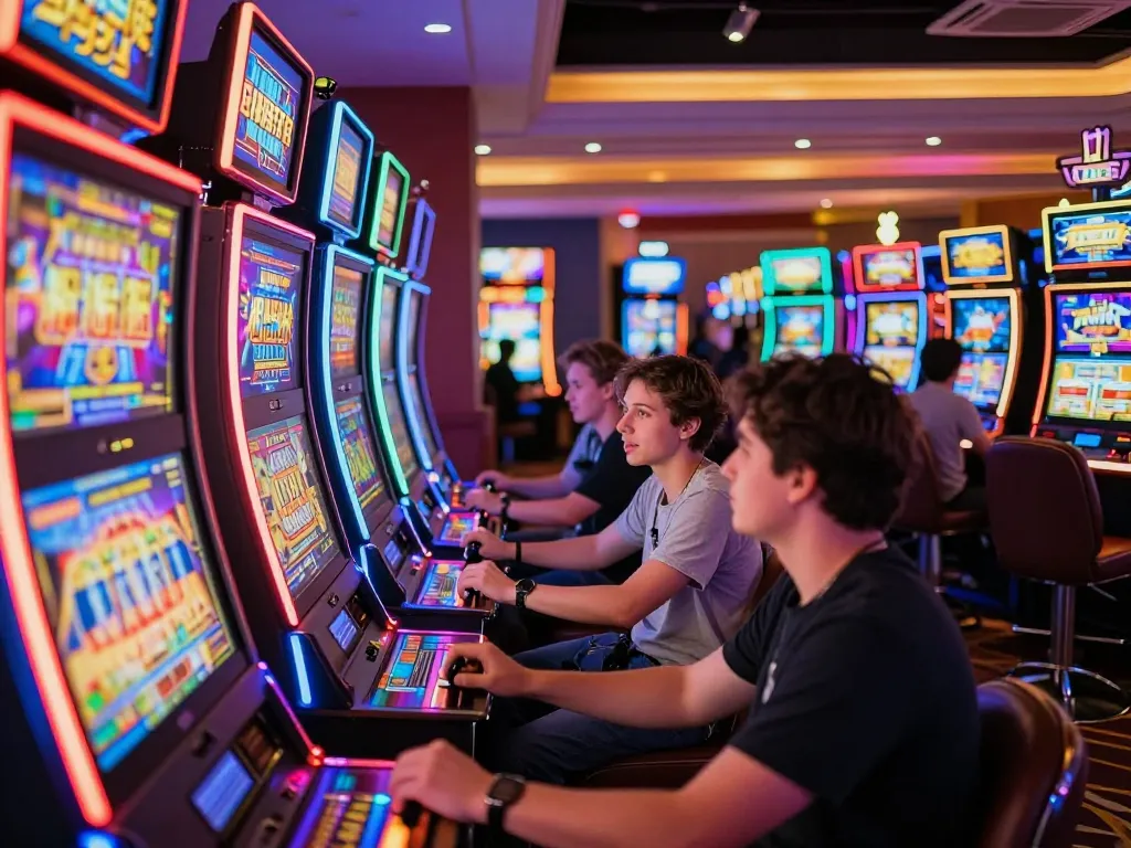 Players enjoying colorful slot machines at qh88go casino, capturing excitement in engaging gameplay.