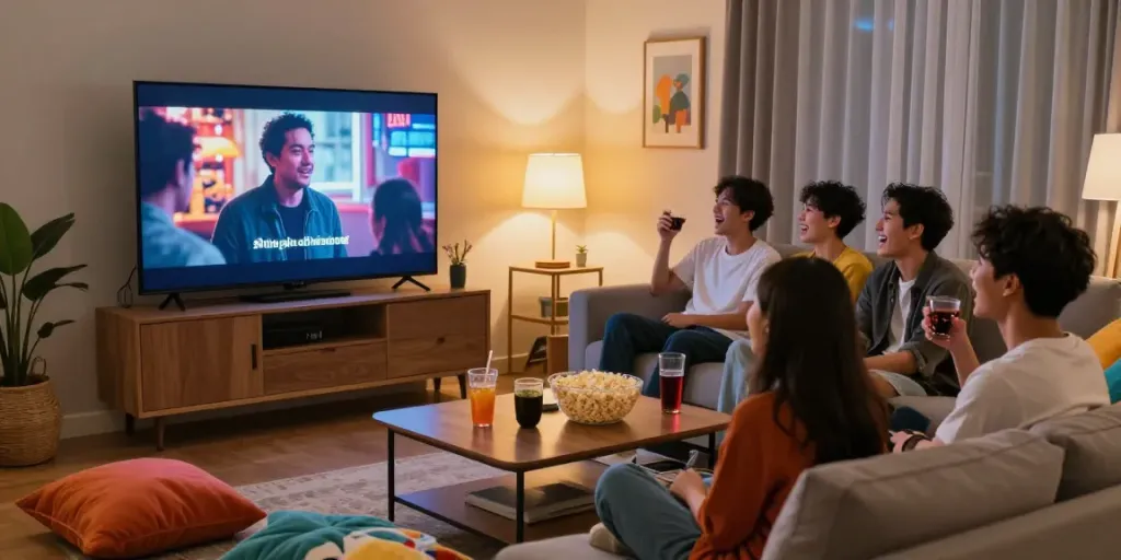 Friends enjoying a cozy movie night watching jav sub indo with Indonesian subtitles.