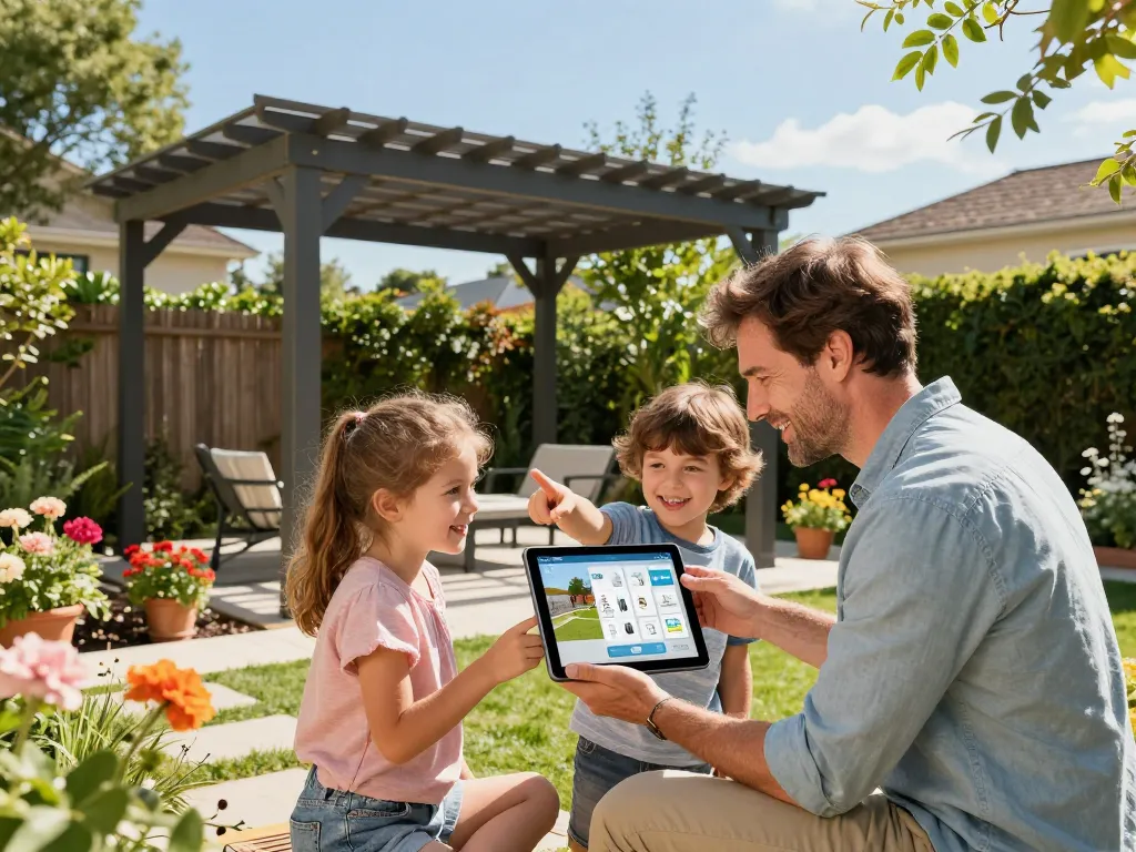 Family using the 3D Pergola Configurator in their vibrant garden, visualizing outdoor designs.