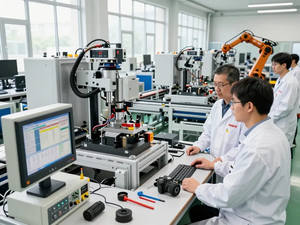 Engineers analyzing Bosch Rexroth automation solutions in a bright industrial setting.